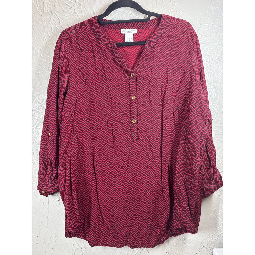 Rebecca Malone Women's Red 3/4 roll tab Sleeve Geometric Dress Shirt‎ Size 1X